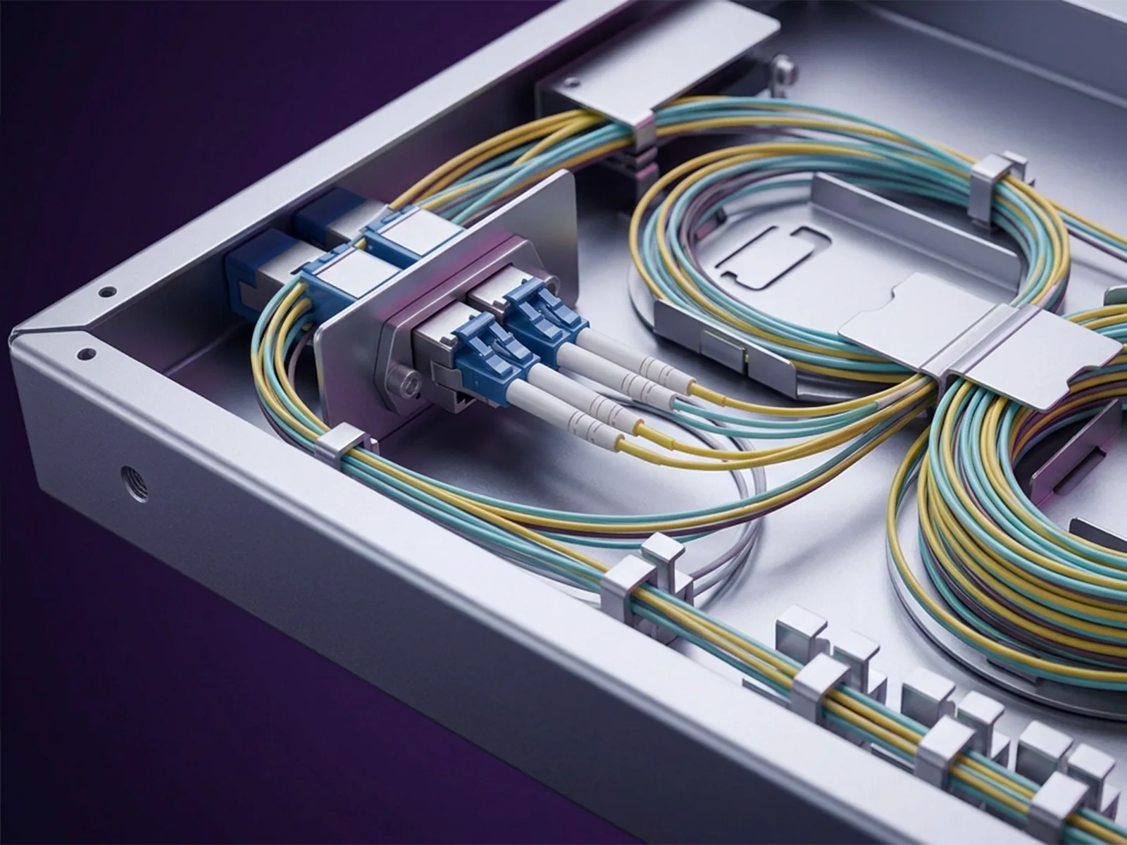 An open fiber enclosure showing organized LC connectors and looped teal and yellow fiber strands routed through cable guides.