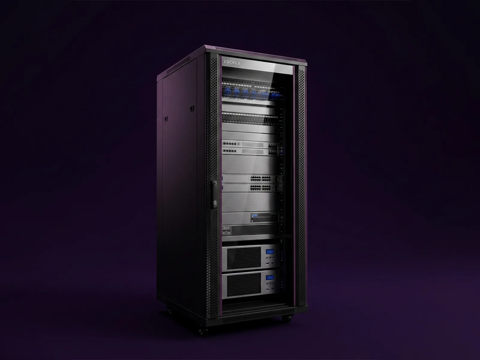 A matte black floor-standing server cabinet with a glass front door, shown at a three-quarter angle against a dark purple background.