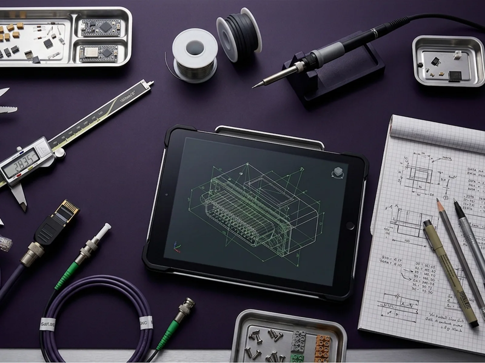 Overhead view of a product design workspace: a tablet showing a CAD drawing of a connector, calipers, a soldering iron, patch cords, and hand-drawn technical sketches on a purple desk.